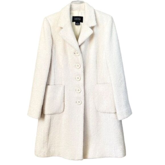 KASPER Rare Wool Blend Boucle Ivory Single Breasted Trench Overcoat Jacket SZ 14 - Picture 1 of 16